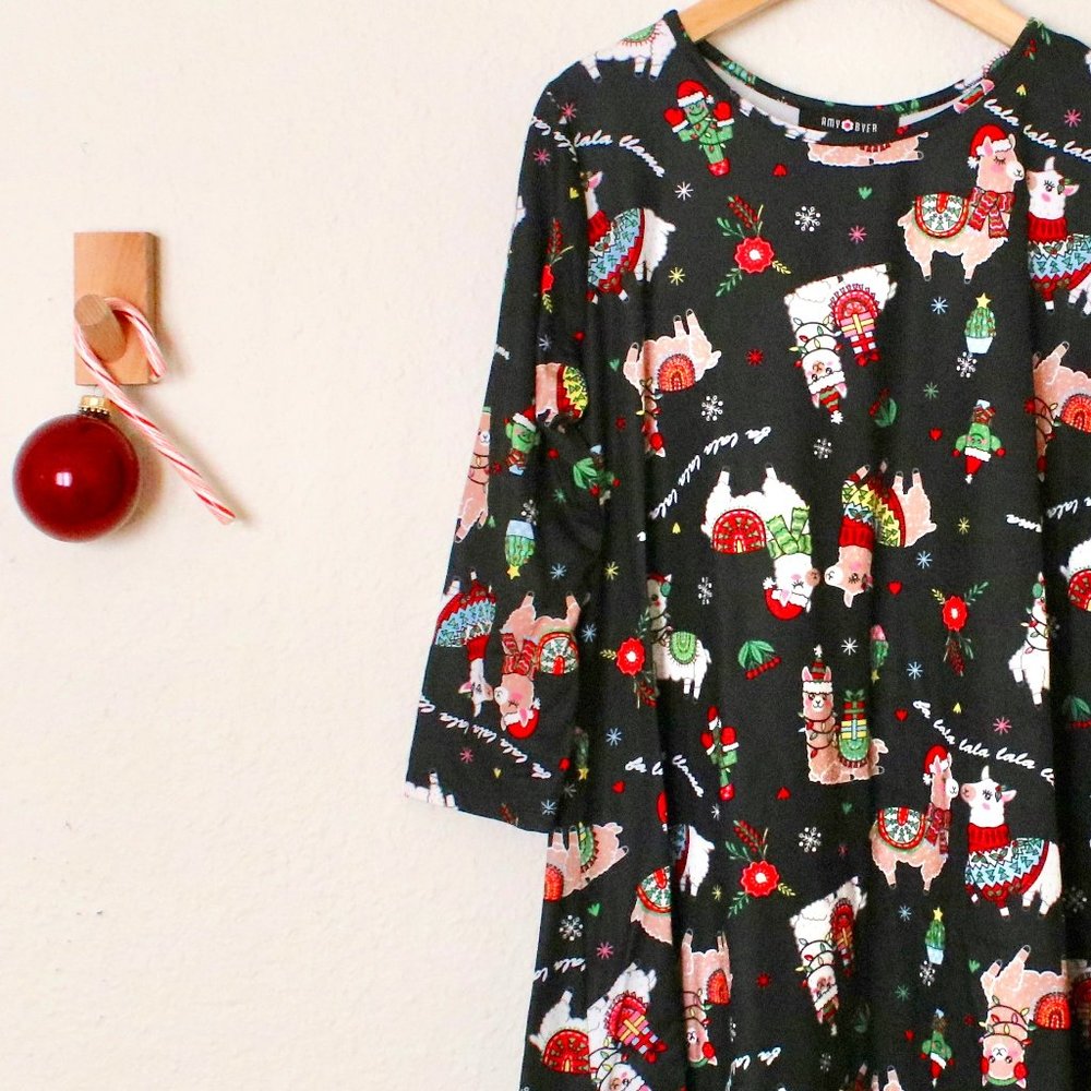 Girls L Llama Print Knit Holiday Dress